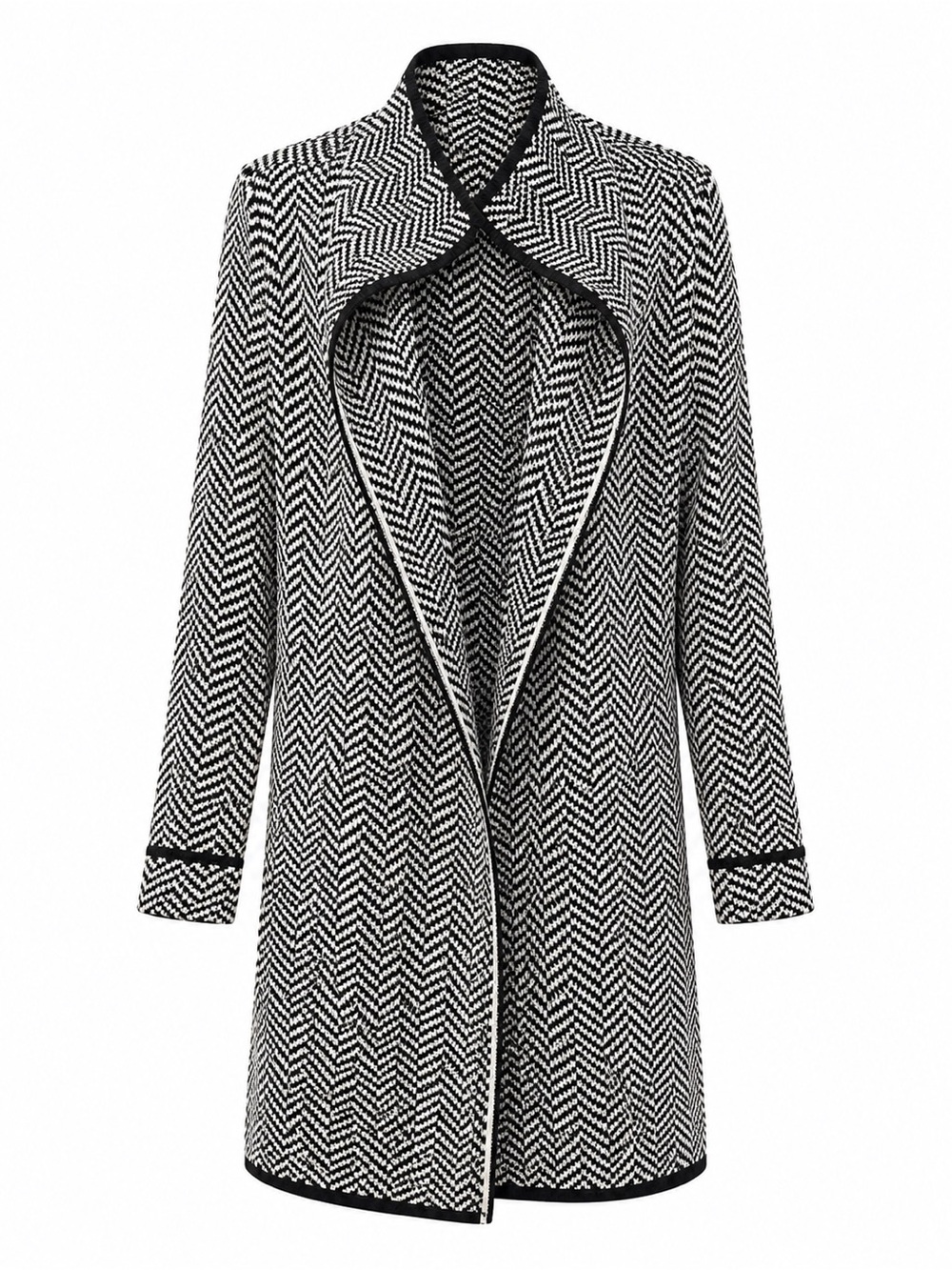 Black White Herringbone Long Coat Oversized Tailored Fall Winter S